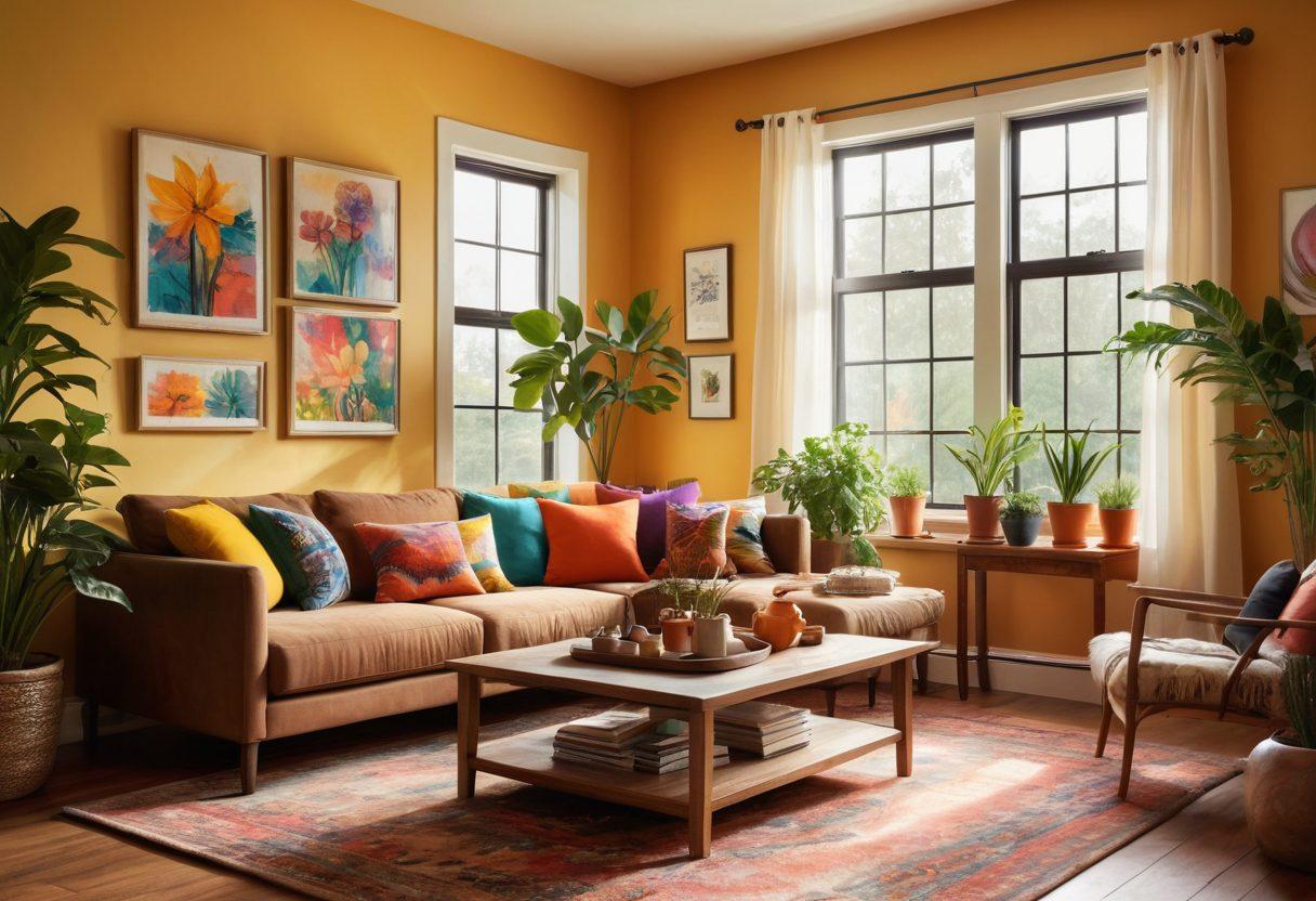 A cozy living room filled with vibrant decor, showcasing bright throw pillows, colorful wall art, and cheerful indoor plants. Sunlight streams in through large windows, illuminating the space with a warm glow. A cup of herbal tea rests on a wooden coffee table, and there's a hint of abstract paintings on the walls. The atmosphere exudes happiness and tranquility. super-realistic. vibrant colors. warm lighting.