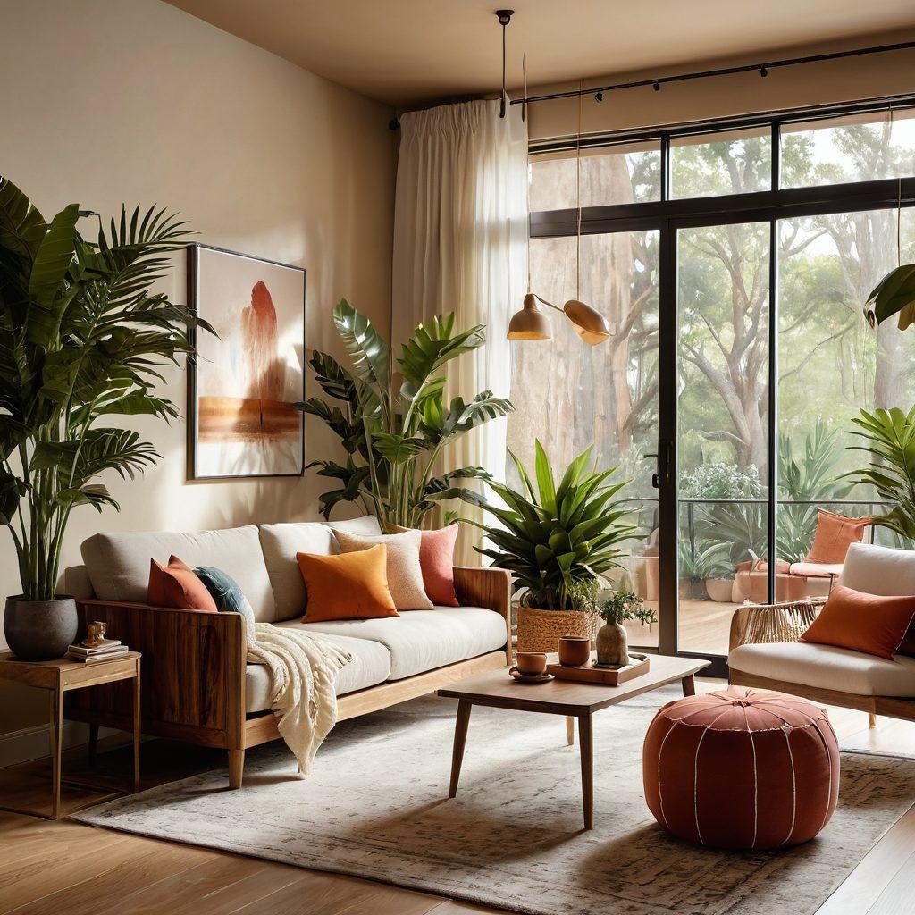 A beautifully crafted interior filled with soft textures, warm lighting, and cheerful colors. Include plush seating, vibrant plants, and artistic decor that radiate coziness and uplifting vibes. Emphasize natural materials such as wood and textiles, with a welcoming overall atmosphere. Capture a sense of tranquility and joy in the space. super-realistic. warm hues. soft lighting.