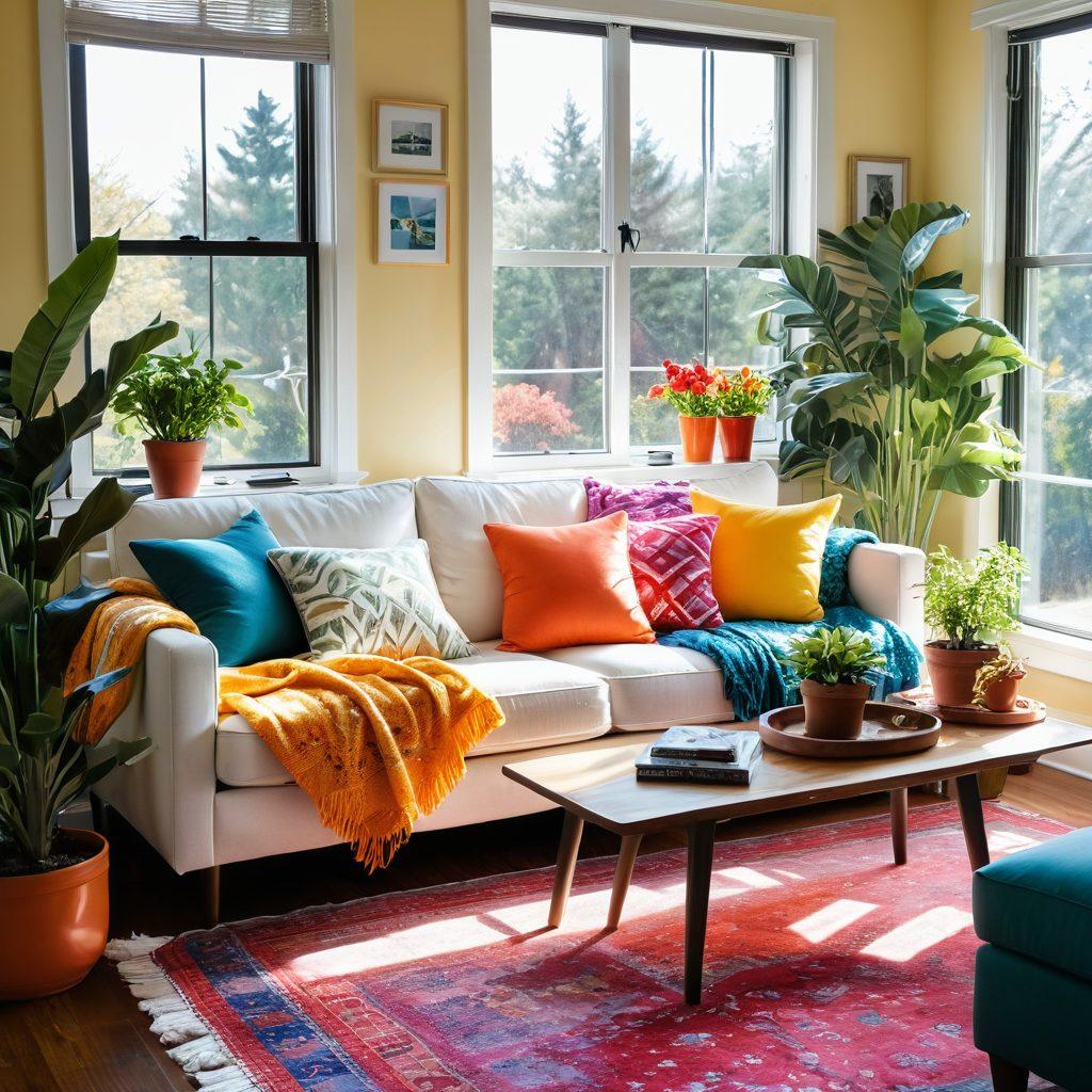 A warm and inviting living room filled with vibrant colors, showcasing a cozy couch adorned with plush cushions and cheerful artwork on the walls. Sunlight streams through large windows, illuminating houseplants that add freshness to the space. A hint of playful decor elements, like colorful throw blankets and whimsical decorations, enhances the joyful ambiance. The room should evoke feelings of happiness and comfort, encouraging creativity and relaxation. super-realistic. vibrant colors. sunny atmosphere.